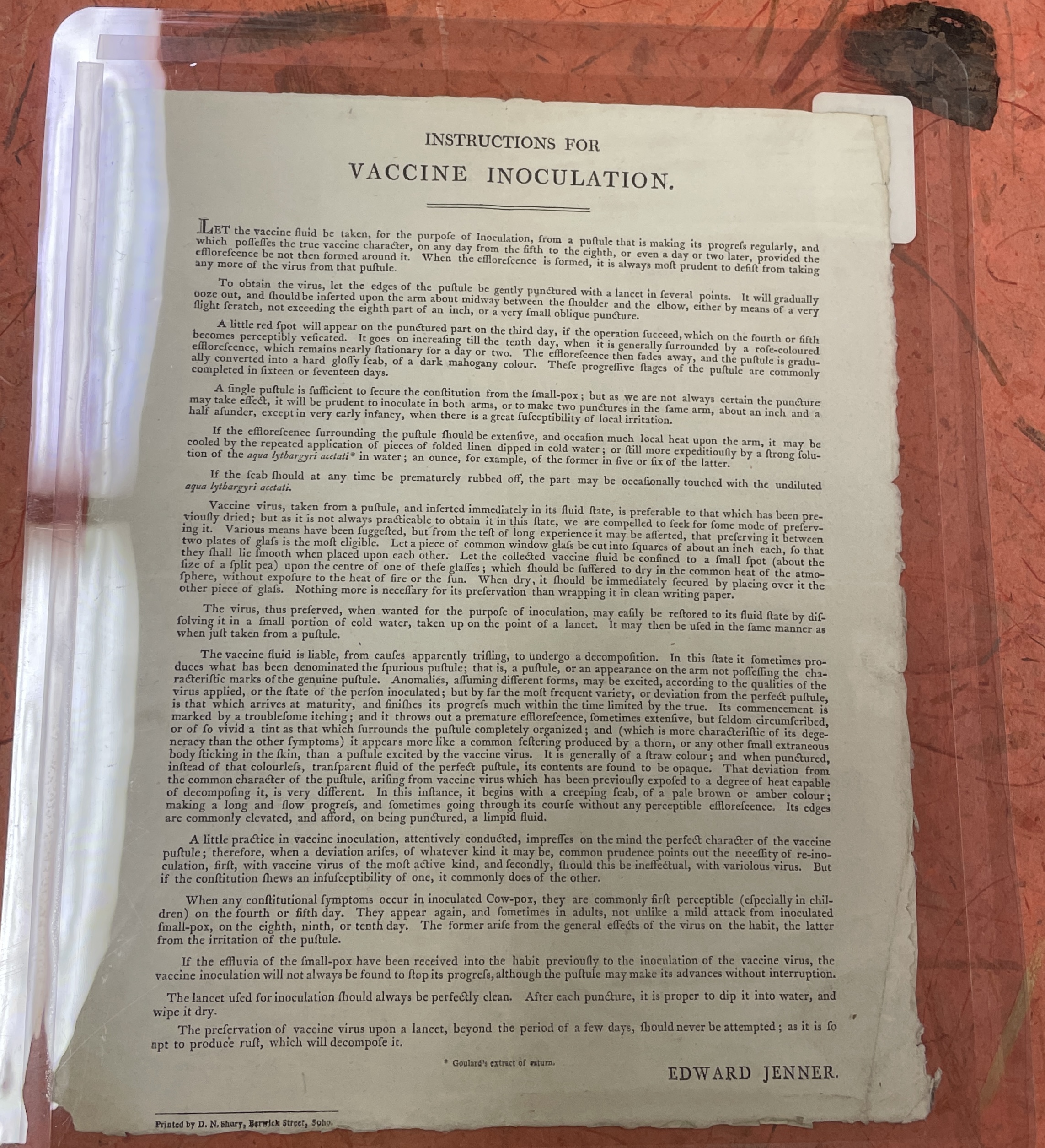 Jenner instructions for vaccine inoculation, 1801 Edward Jenner